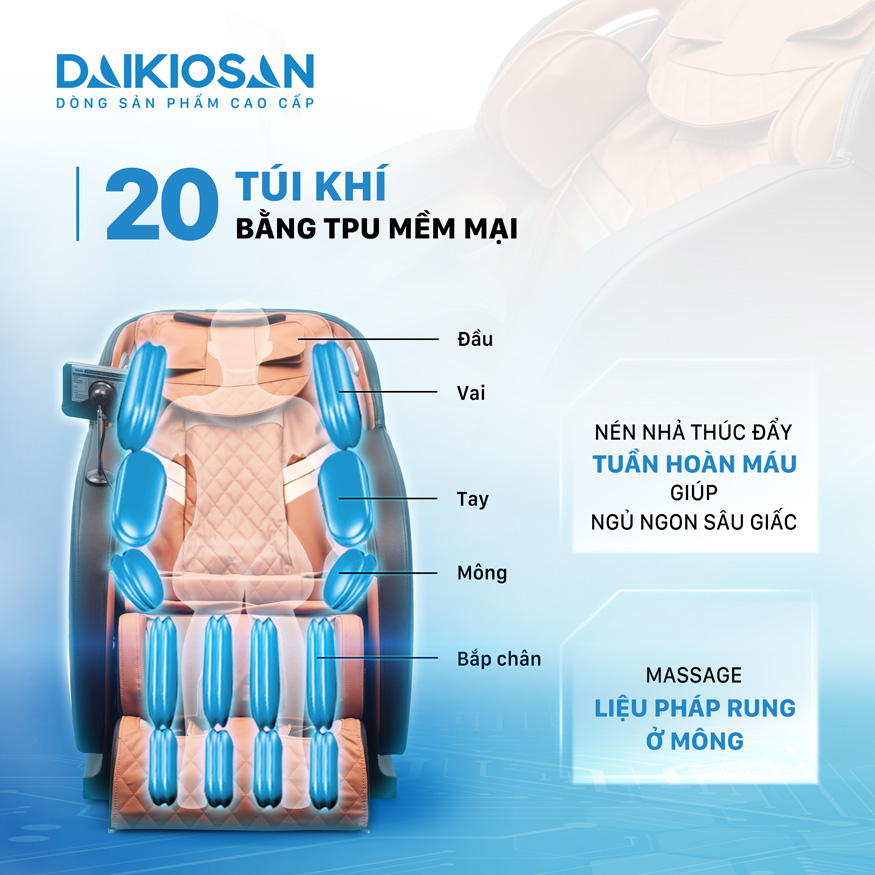 Ghế massage có 20 túi khí ở đầu, vai, tay, mông, bắp chân