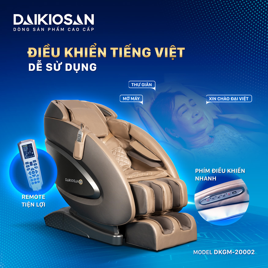 Ghế massage Sử dụng ghế massage bằng 3 cách tiện lợi: bàn phím nhanh trên chỗ để tay, remote tiện lợi và giọng nói tiếng Việt.