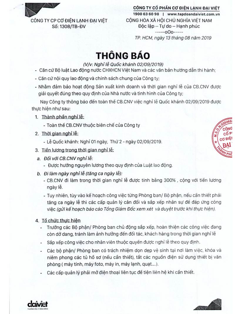 Đại Việt thông báo lịch nghỉ lễ quốc khánh năm 2019