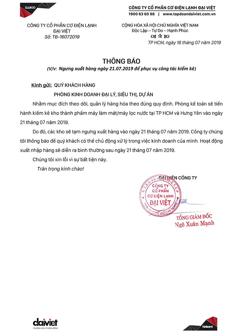 Đại Việt thông báo ngưng xuất hàng hóa ngày 21/07/2019