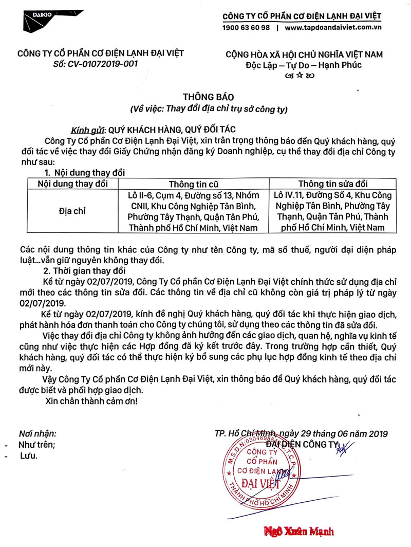 Thông báo thay đổi địa chỉ trụ sở công ty Đại Việt
