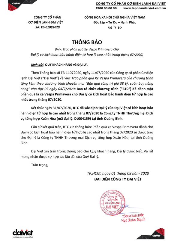 thông báo trao giải vespa cho đại lý có kích hoạt bảo hành điện tử hợp lệ sớm nhất trong tháng 07/2020