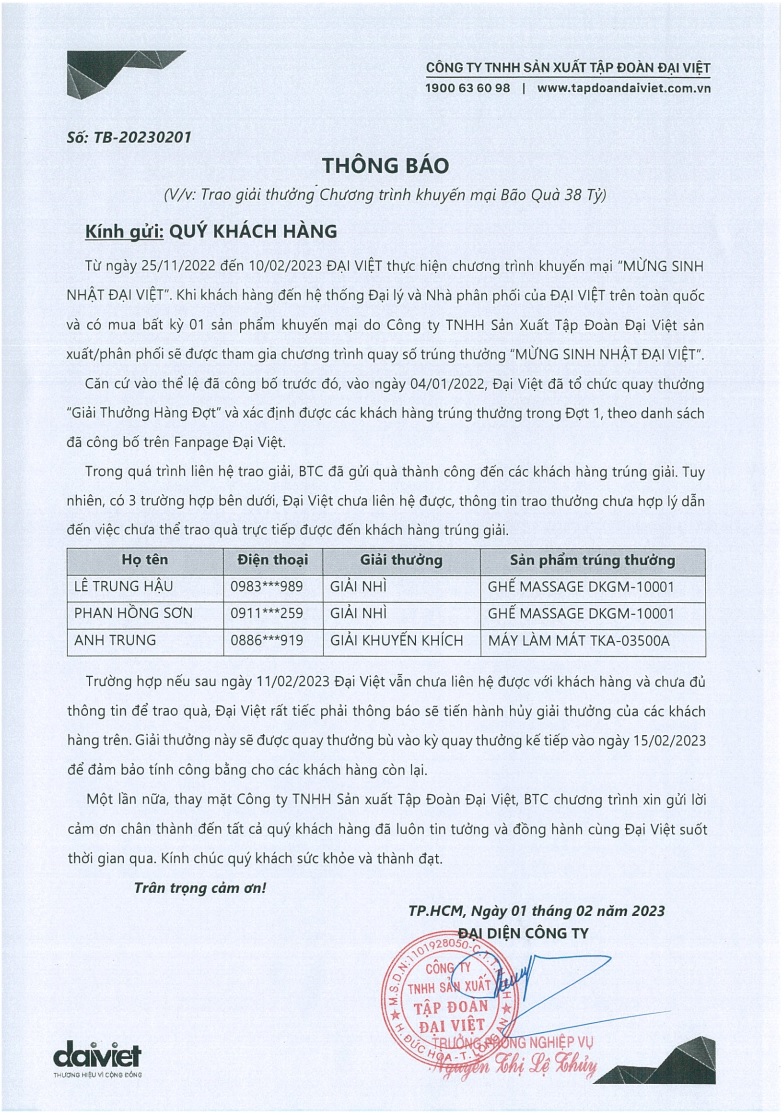 thông báo trao giải thưởng chương trình bão quà 38 tỷ